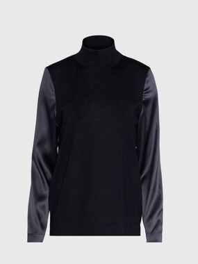 NWT Paul Stuart Mock Neck Blouse with Satin Sleeves Navy Sz 4